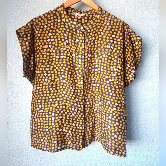 CAbi Silk Casual Button Down Shirt in Grey and Yellow - Picture 1 of 7